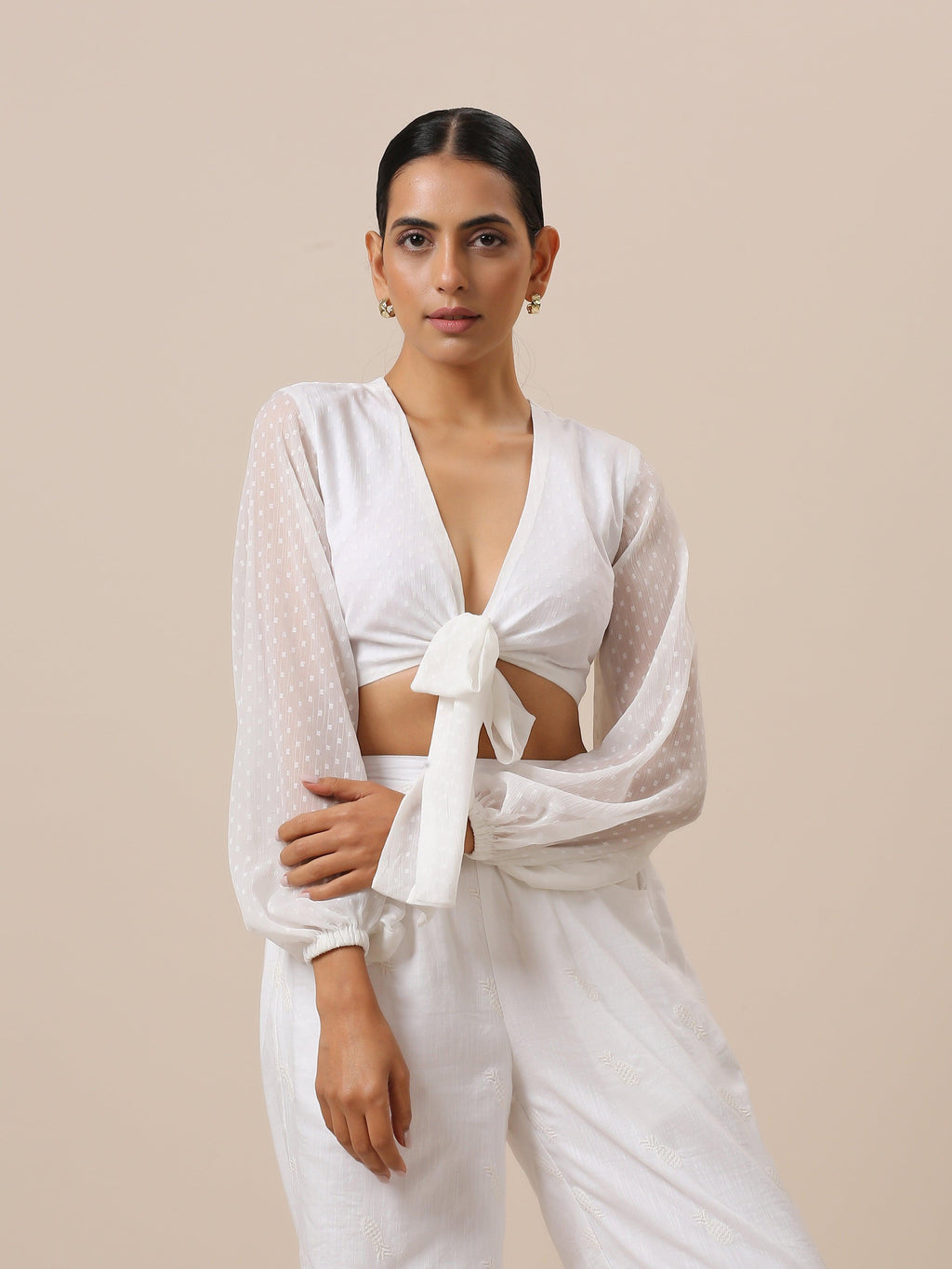 trueBrowns Chiffon White Dobby Tie Up Top