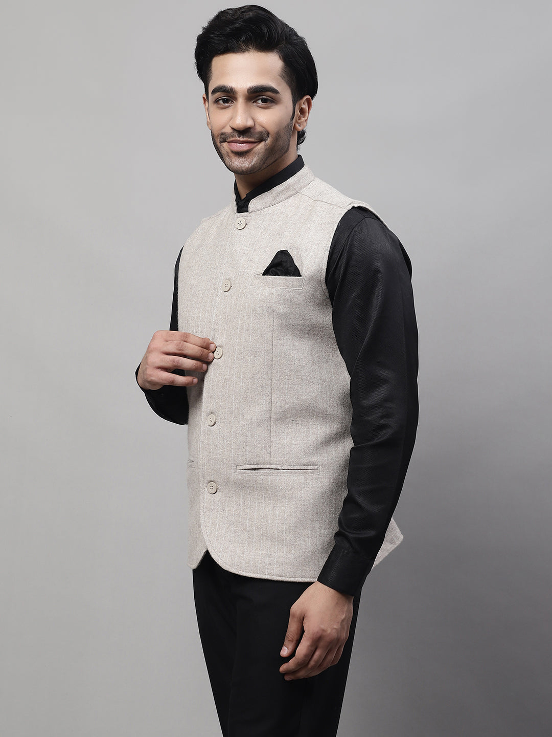 Even Apparels Men's Beige Pure Wool Nehru Jacket