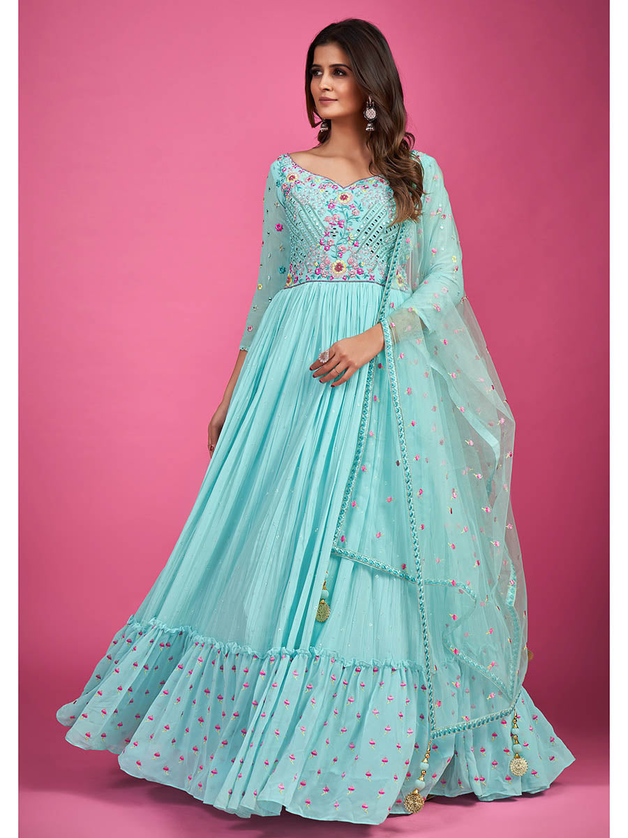 Myra Blue Chinon Silk Embroidered Gown - Distacart