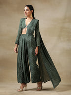 trueBrowns Dark Green Bandhani Printed Silk Palazzo Stitched Saree