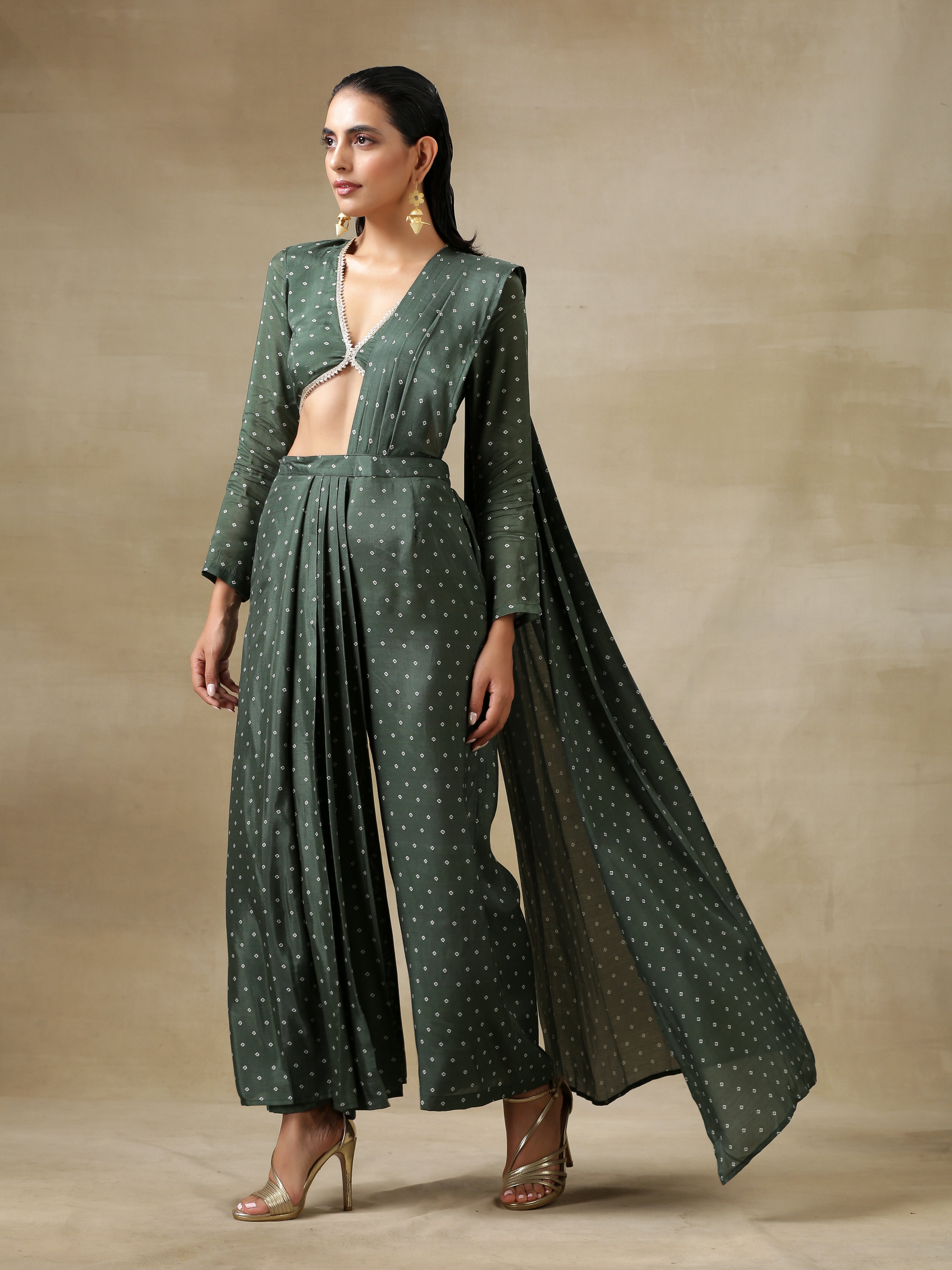 trueBrowns Dark Green Bandhani Printed Silk Palazzo Stitched Saree