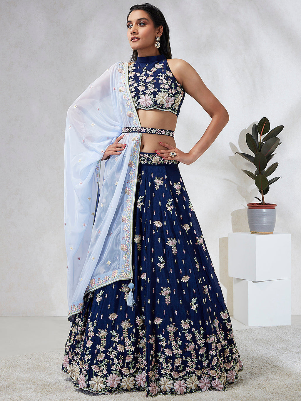 House of Panchhi Navy Blue Pure Georgette Sequins And Thread Embroidery Lehenga Choli & Dupatta