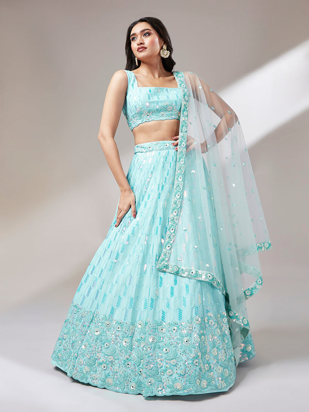 House of Panchhi Turquoise Blue Georgette Sequinse Embroidery Lehenga Choli & Dupatta