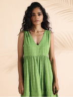 trueBrowns Green Cotton Dobby Yoke Dress - Distacart