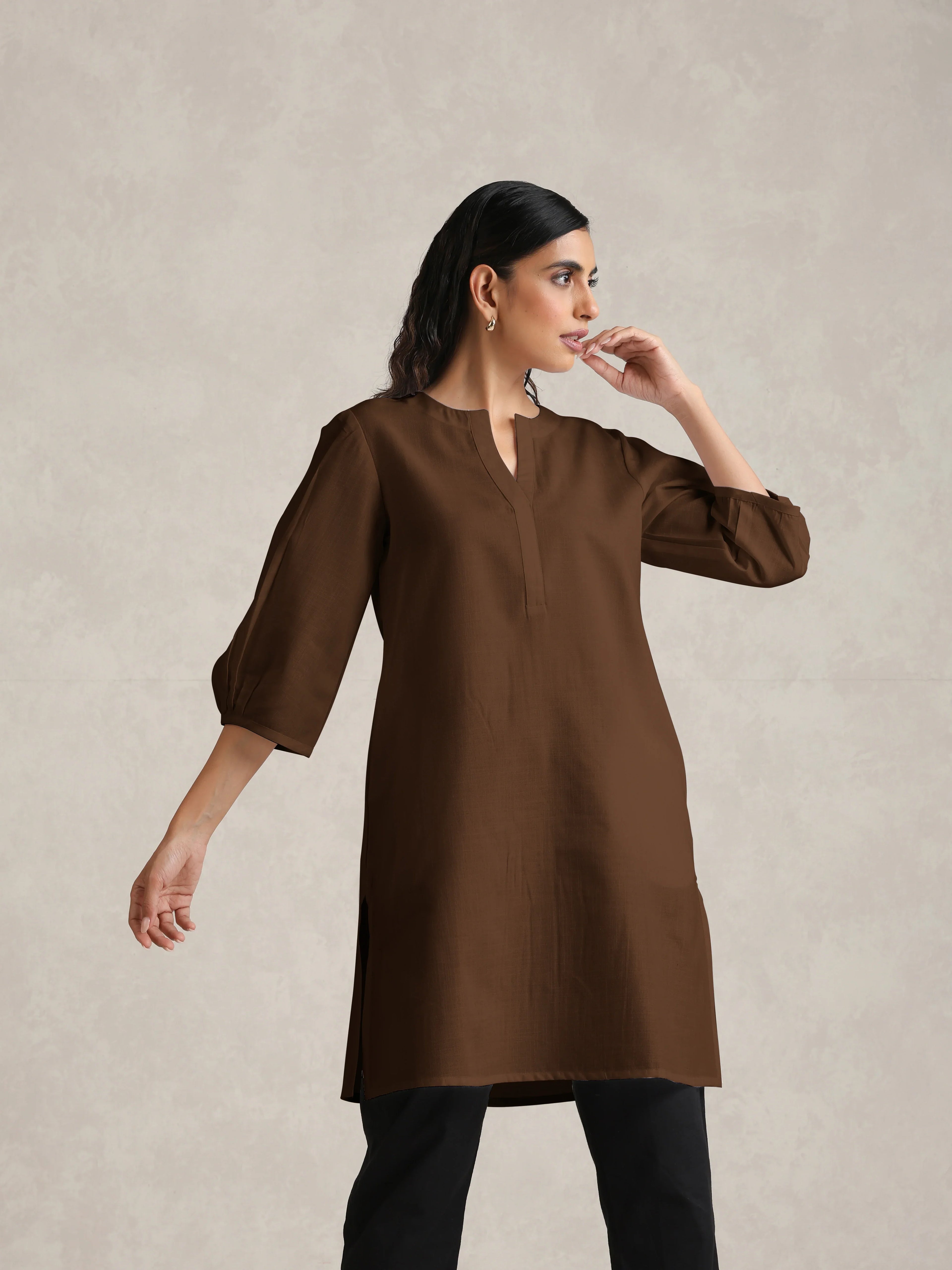 trueBrowns Brown Cotton Blend Short Kurta - Distacart