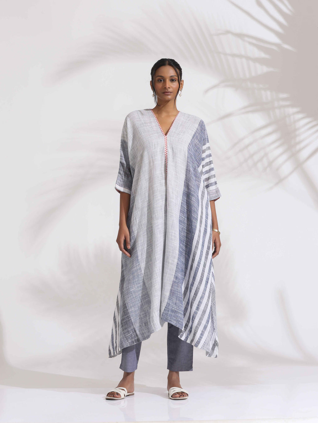 trueBrowns Off-White Cotton Multi Stripe Flared Kurta Set - Distacart