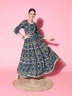 InWeave Women's Blue Ikkat Print Tiered Dress With Lace - Distacart