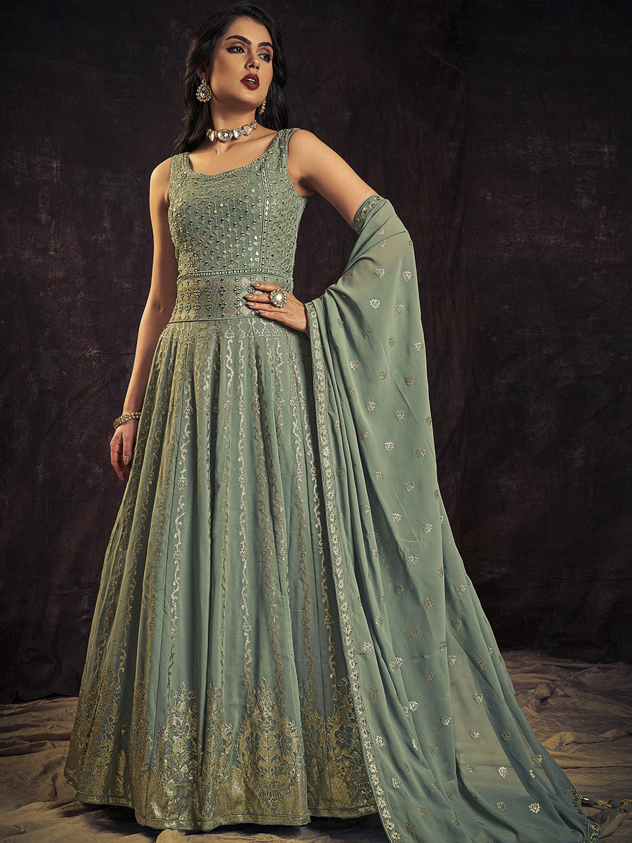 Myra Olive Real Georgette Designer Gown Style Suit - Distacart