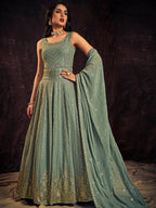 Myra Olive Real Georgette Designer Gown Style Suit - Distacart
