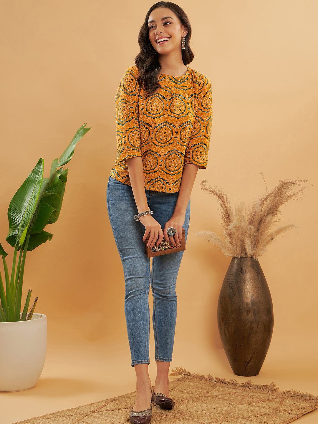 InWeave Women's Haldi Yellow Mughal Kalamkari Top