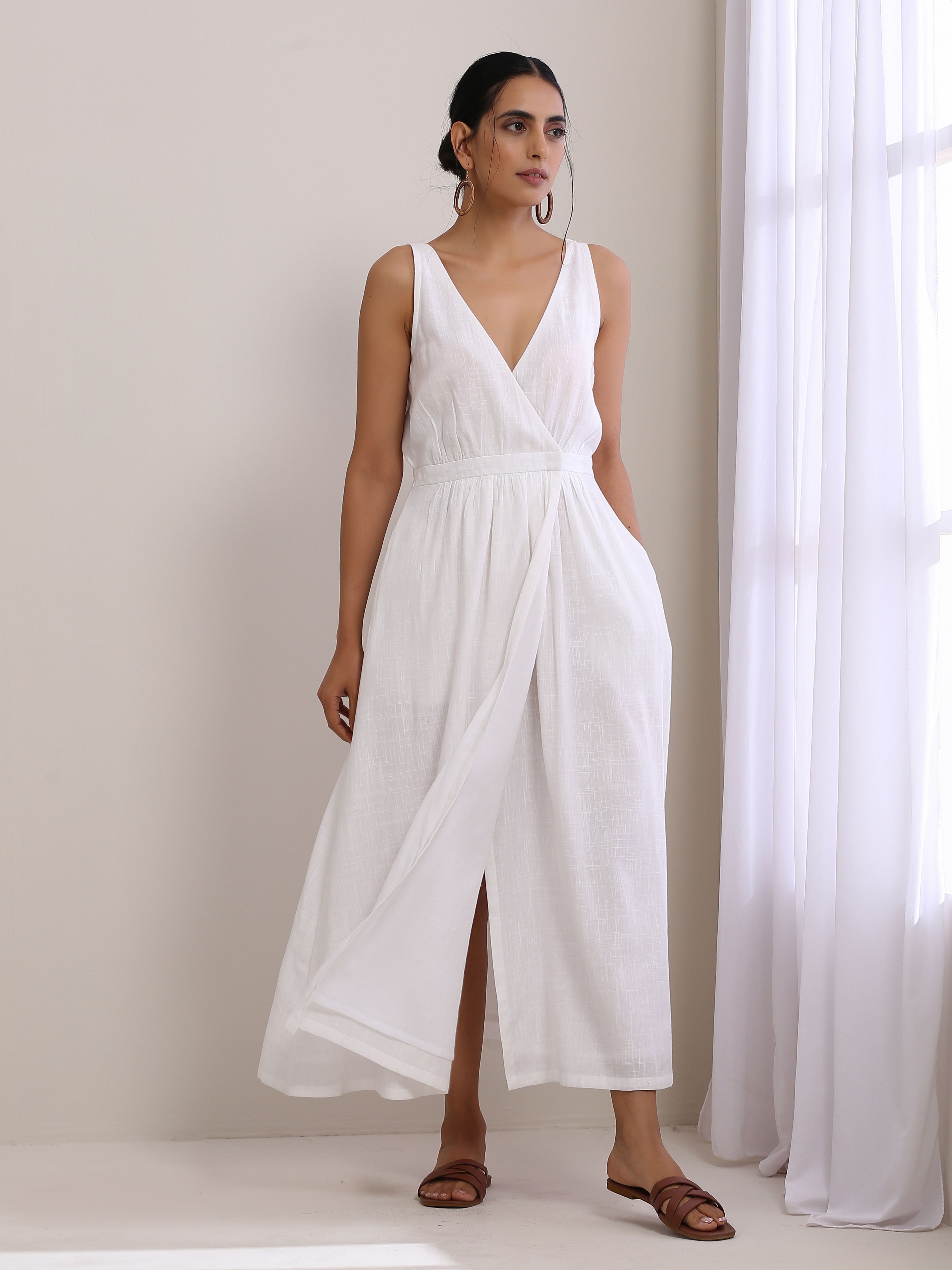 trueBrowns White Slub Texture Sleeveless Wrap Dress - Distacart