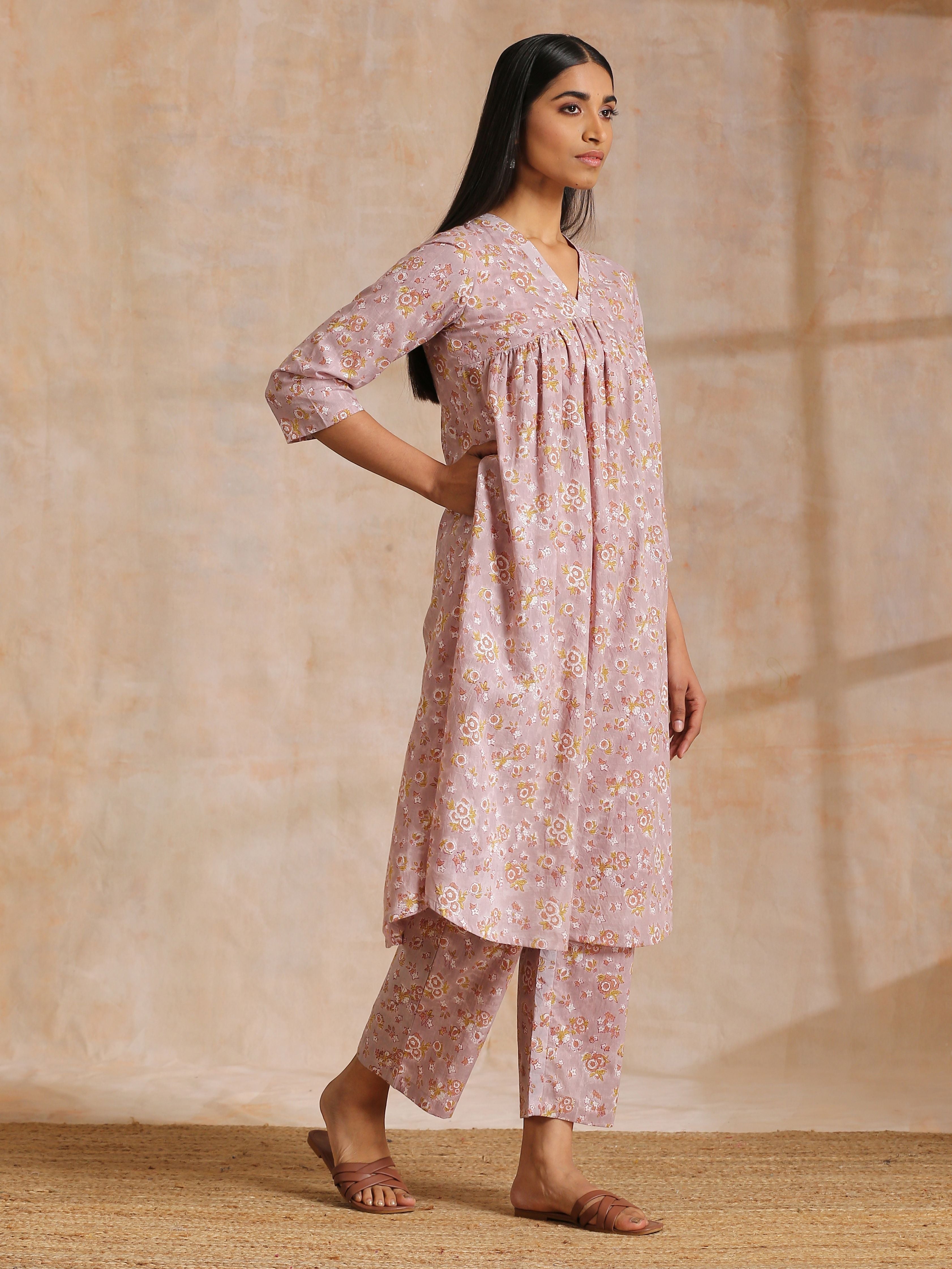 trueBrowns Grey Overall Floral Block Print Cotton Flared Slit Kurta Pant Set | Relove - Distacart