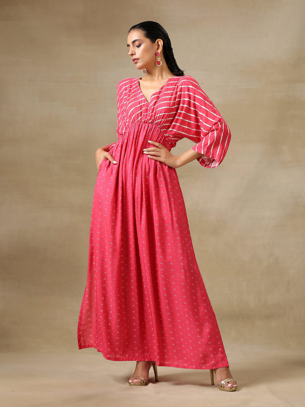 trueBrowns Pink Bandhani Printed Silk Drop Shoulder Dress - Distacart