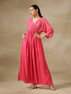 trueBrowns Pink Bandhani Printed Silk Drop Shoulder Dress - Distacart
