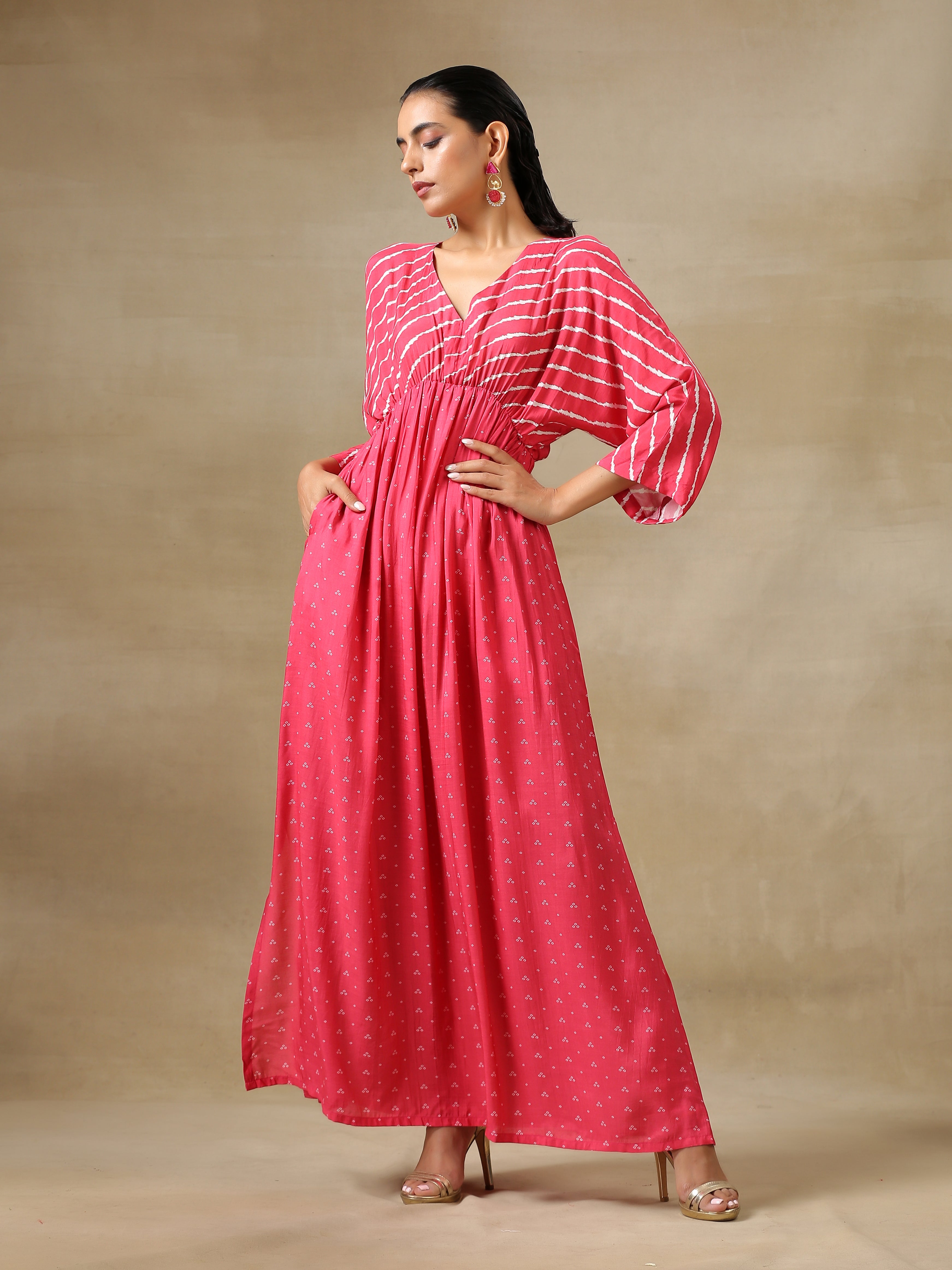 trueBrowns Pink Bandhani Printed Silk Drop Shoulder Dress - Distacart