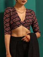 trueBrowns Black Muslin Silk Diamond Printed Deep V-Neck Blouse