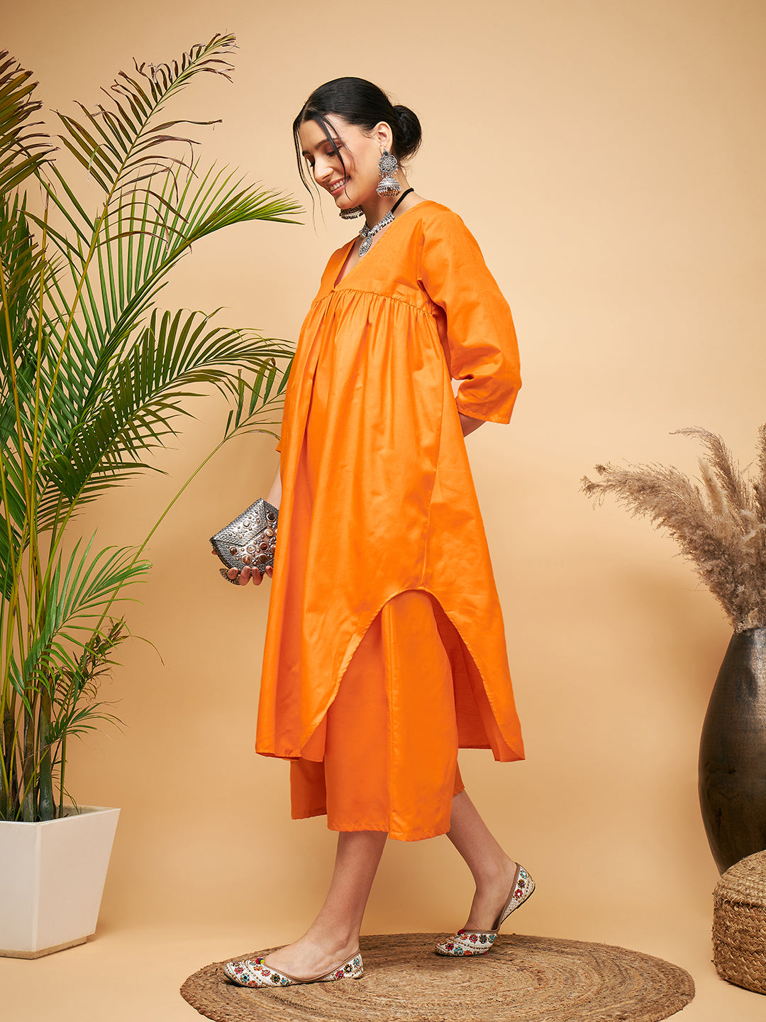 InWeave Women's Orange Flared Kurta Palazzo Set