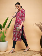 InWeave Women's Wine Floral Print Straight Angrakha Gota Kurta