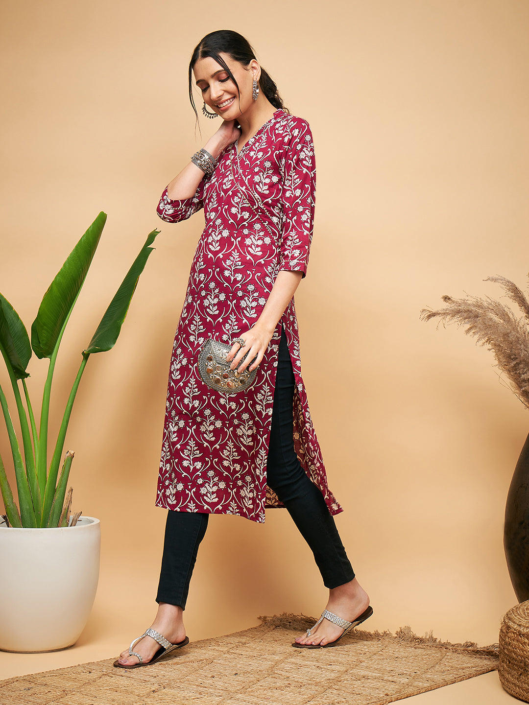InWeave Women's Wine Floral Print Straight Angrakha Gota Kurta