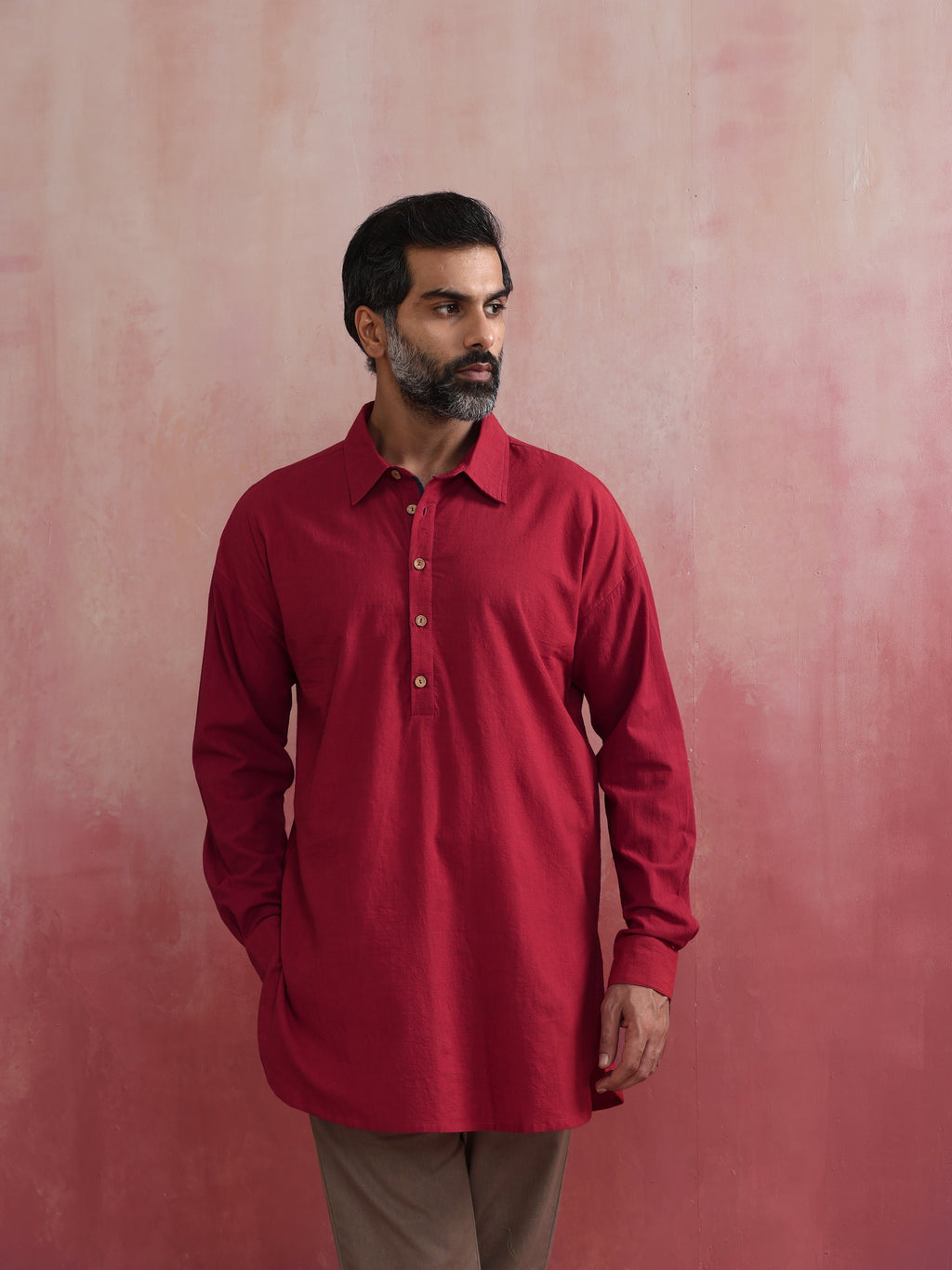 trueBrowns Men's Maroon Cotton Shirt Collar Stylized Kurta