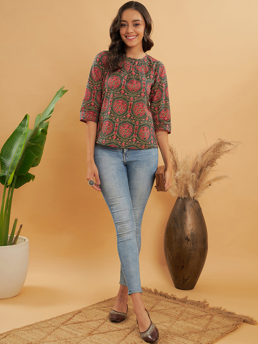 InWeave Women's Green Red Mughal Kalamkari Top