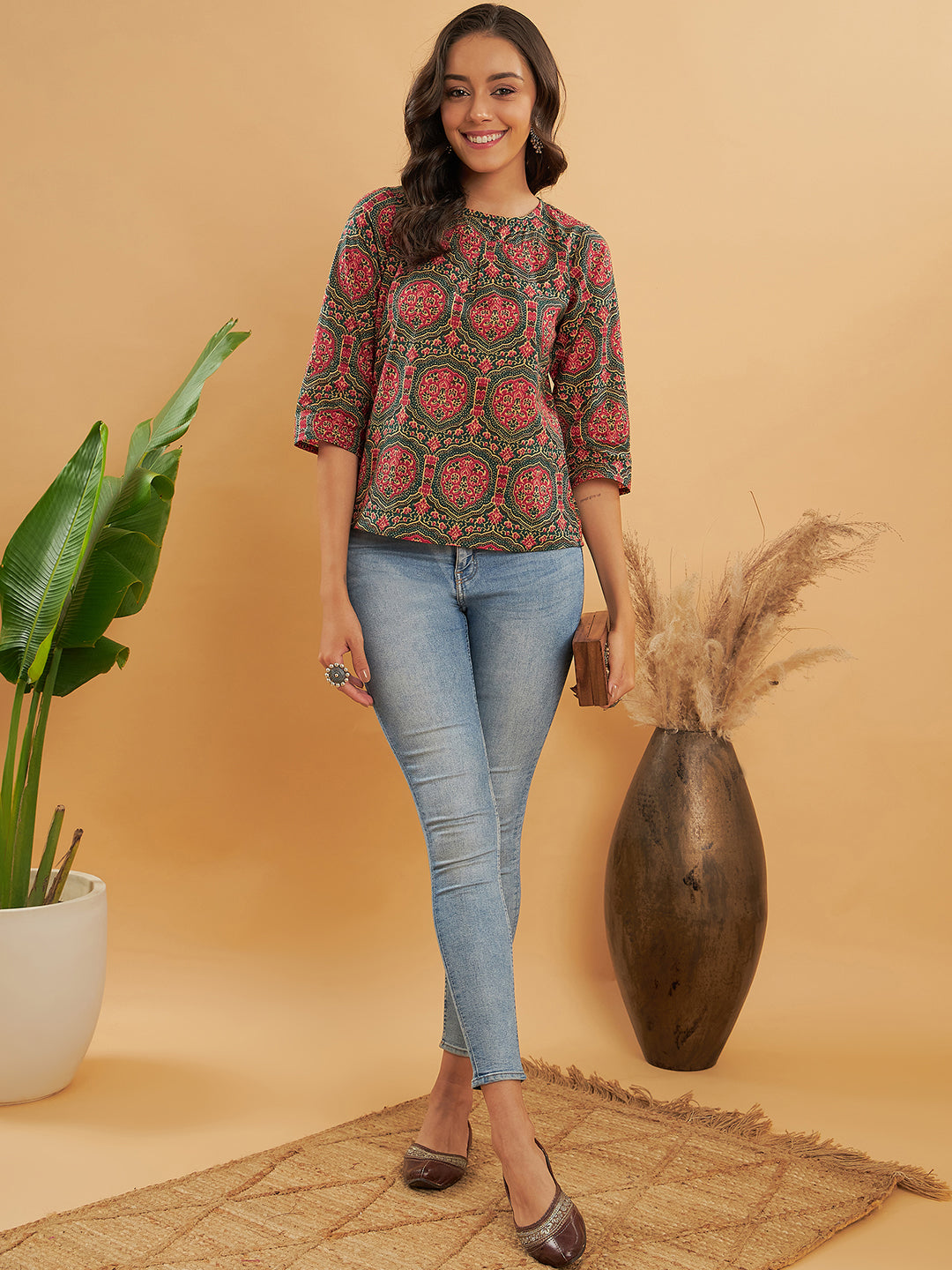 InWeave Women's Green Red Mughal Kalamkari Top