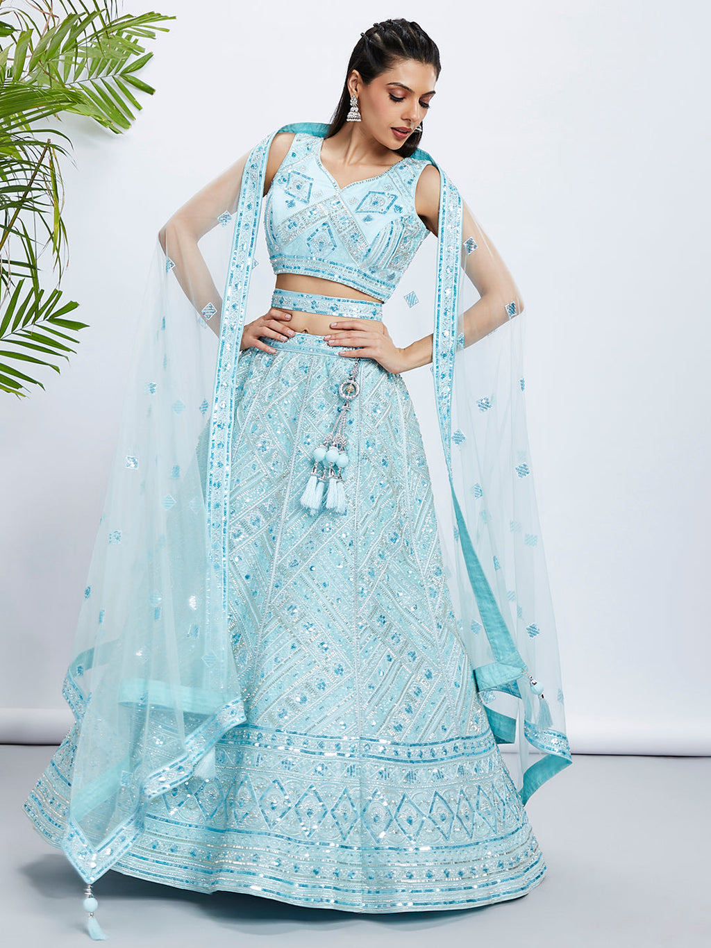 House of Panchhi Burgundy Chiffon Position Print With Sequins Embroidery Lehenga Choli & Dupatta