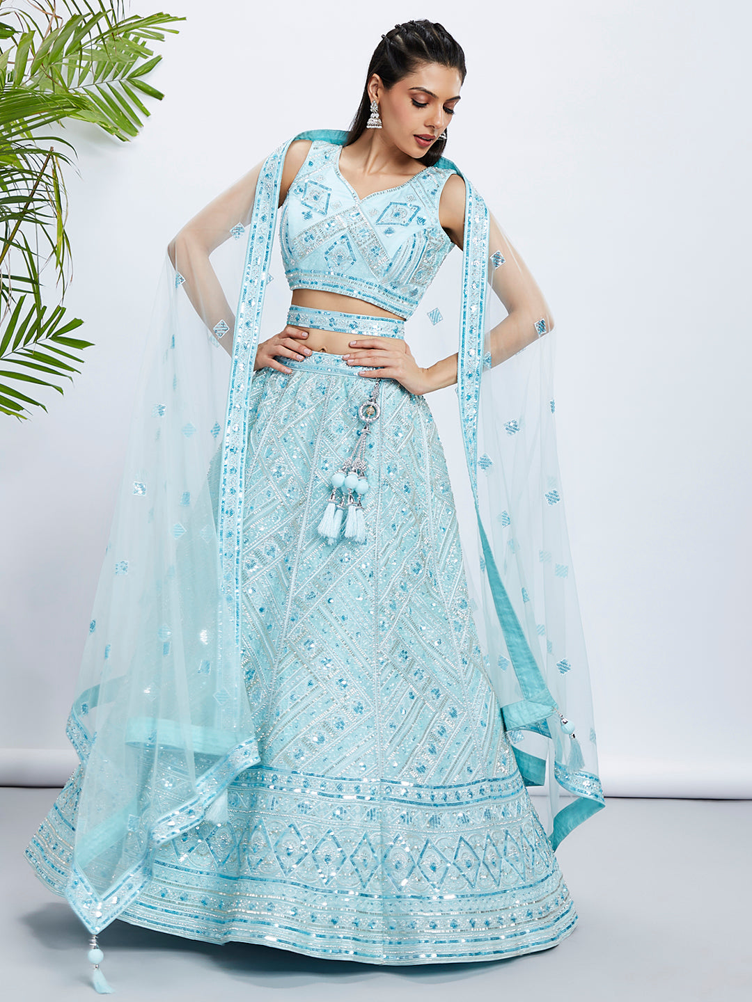 House of Panchhi Burgundy Chiffon Position Print With Sequins Embroidery Lehenga Choli & Dupatta