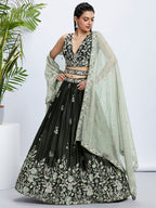 House of Panchhi Turquoise Blue Georgette Sequins And Thread Embroidery Lehenga Choli & Dupatta