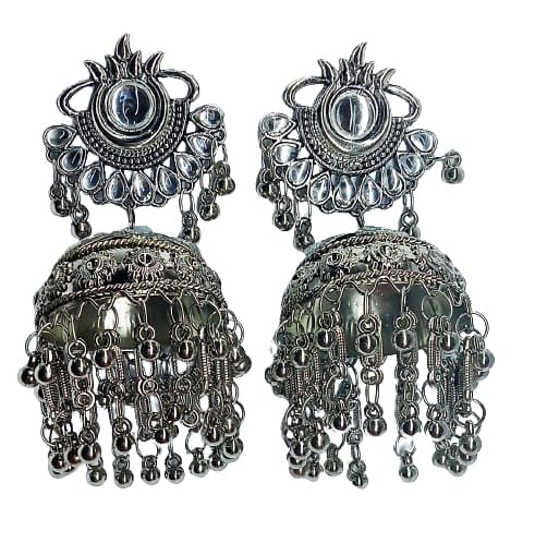 Tehzeeb Creations Women's Silver Colour Oxidised Earrings With Kundan And Mirror Work - Distacart