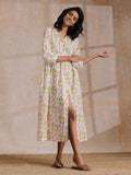 trueBrowns Pink Yellow Floral On White Block Print Cotton Wrap Dress | Relove - Distacart