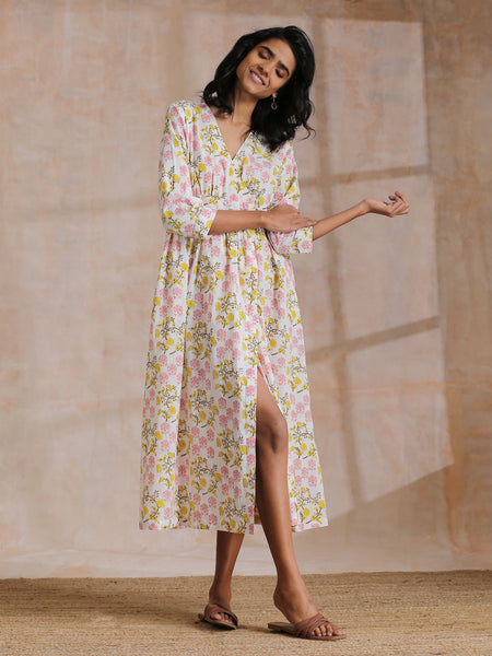 trueBrowns Pink Yellow Floral On White Block Print Cotton Wrap Dress | Relove