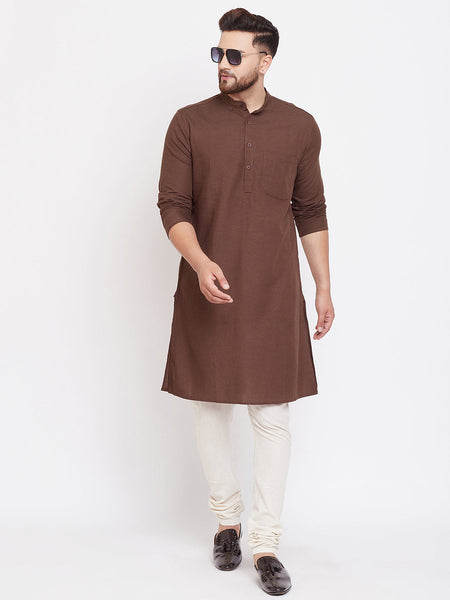 Even Apparels Brown Solid Kurta With Band Collar