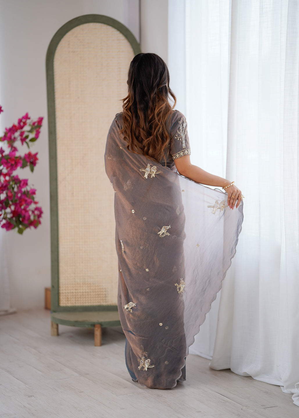 Evanik Grey Mos Silk With Handwork Butterfly Design Saree With Unstitched Blouse - Distacart