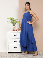 InWeave Ink Blue Strappy Set With Mauve Print Floral Cape