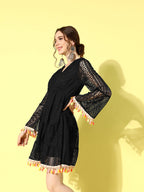 InWeave Women's Black Lacy Dress With Tassles - Distacart