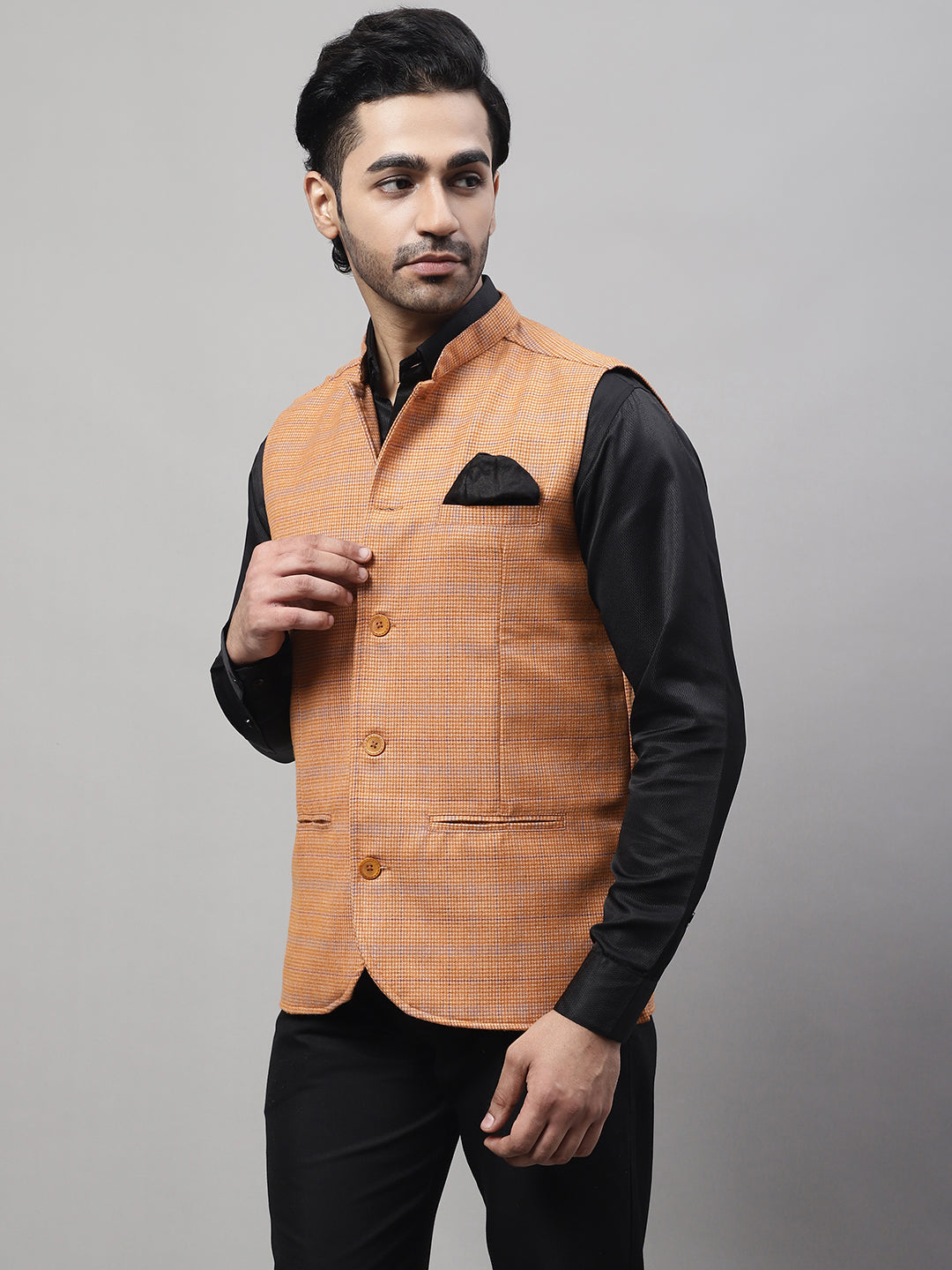Even Apparels Men's Orange Nehru Jacket With Welt Pockets
