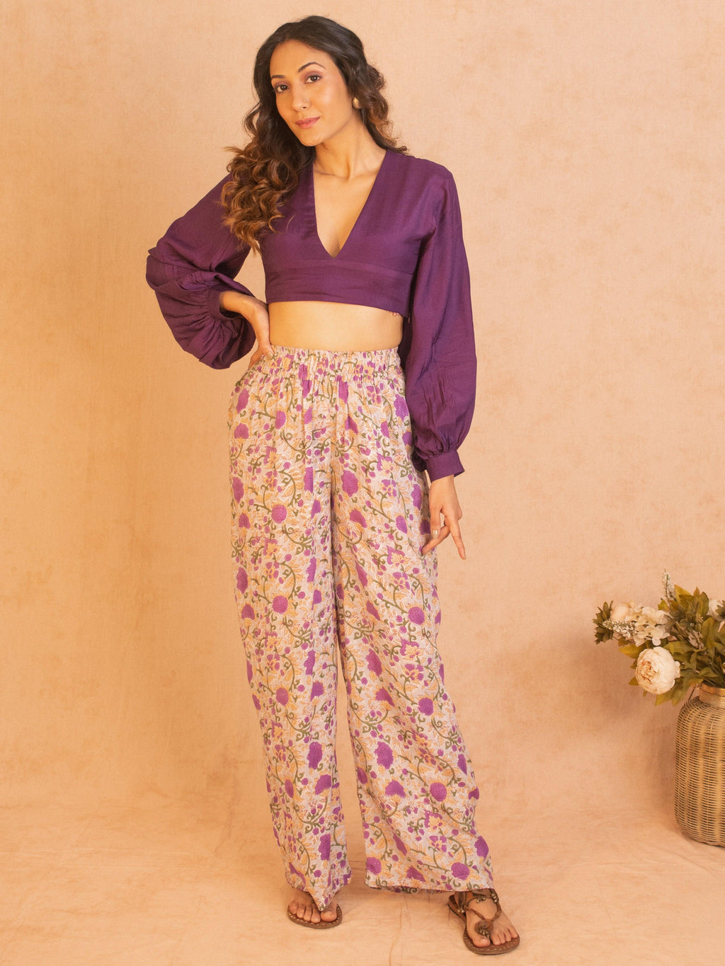 trueBrowns Silk Purple Gathered Sleeve Blouse
