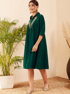 InWeave Women's Teal Velvet Collared Neck Flared Midi Dress - Distacart