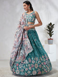 House of Panchhi Turquoise Blue Georgette Sequins And Thread Embroidery Lehenga Choli & Dupatta