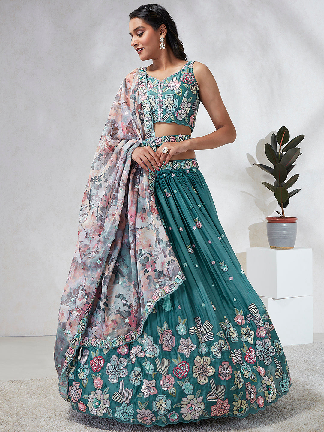 House of Panchhi Turquoise Blue Georgette Sequins And Thread Embroidery Lehenga Choli & Dupatta