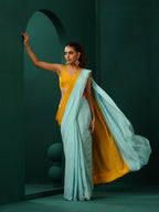 trueBrowns Blue Mustard Muslin Silk Ready to Wear Saree