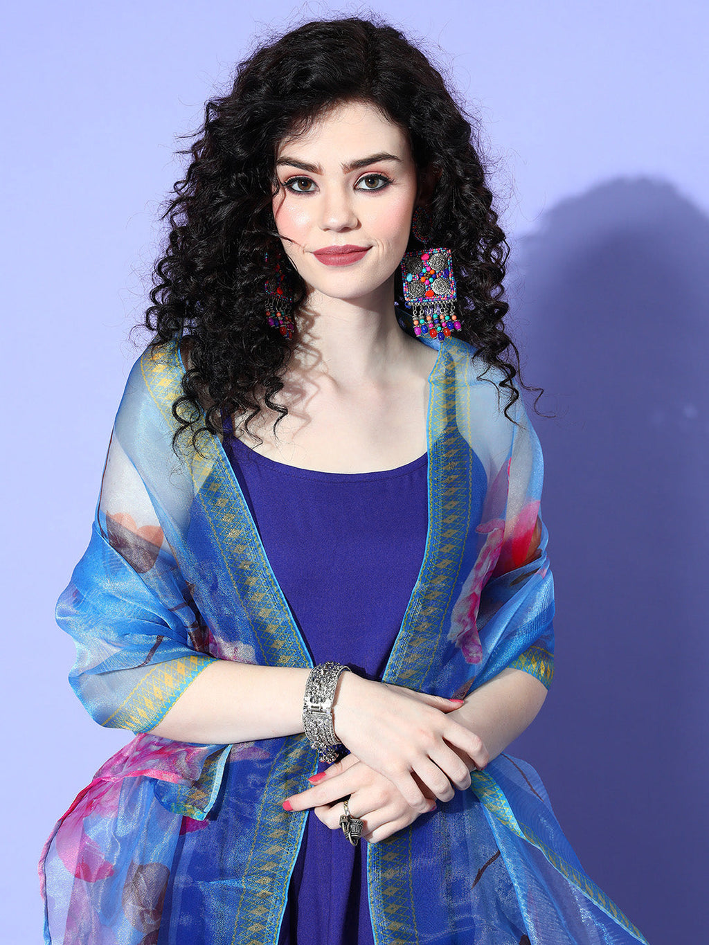 InWeave Women's Strappy Set In Ink Blue With Blue  Fuschia Floral Organza Dupatta
