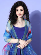 InWeave Women's Strappy Set In Ink Blue With Blue  Fuschia Floral Organza Dupatta