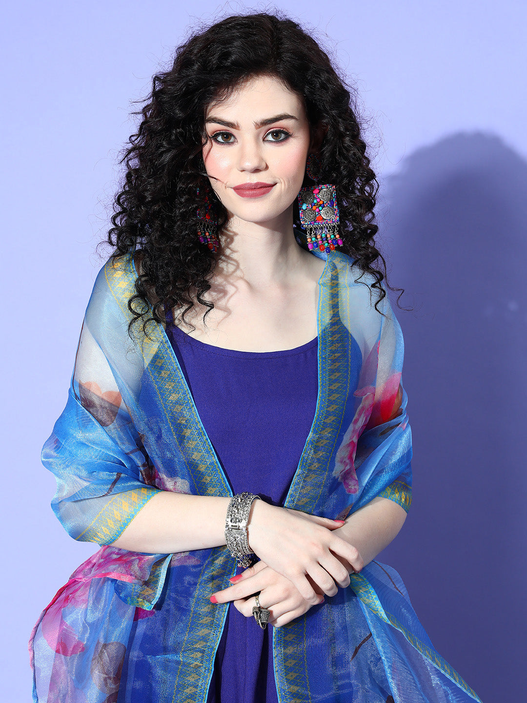 InWeave Women's Strappy Set In Ink Blue With Blue  Fuschia Floral Organza Dupatta