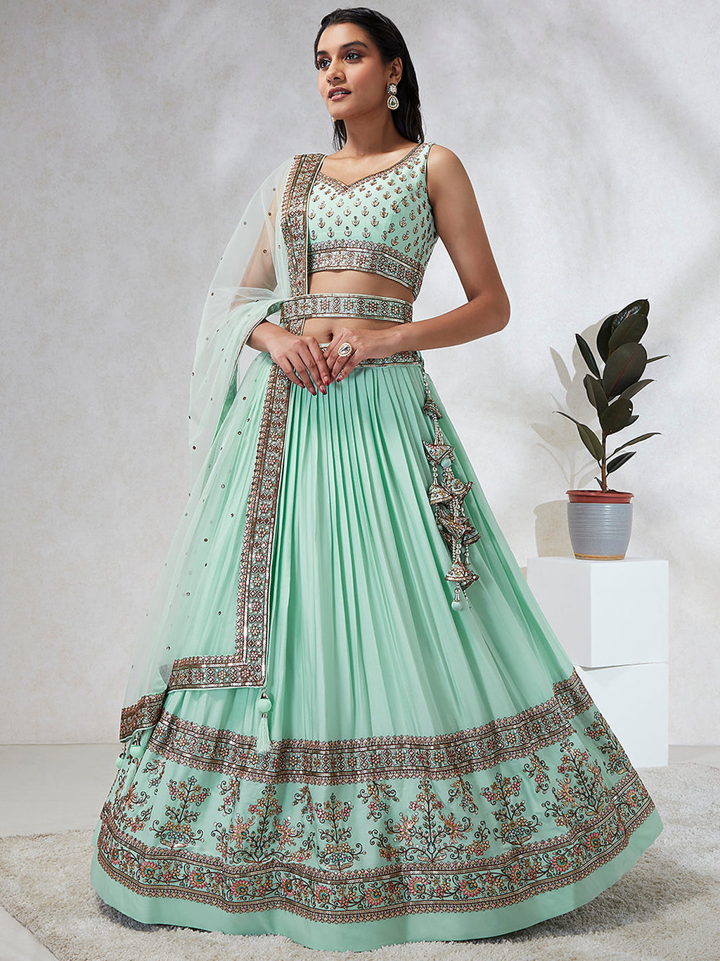House of Panchhi Burgundy Pure Georgette Sequins And Thread Embroidery Lehenga Choli & Dupatta