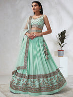 House of Panchhi Burgundy Pure Georgette Sequins And Thread Embroidery Lehenga Choli & Dupatta
