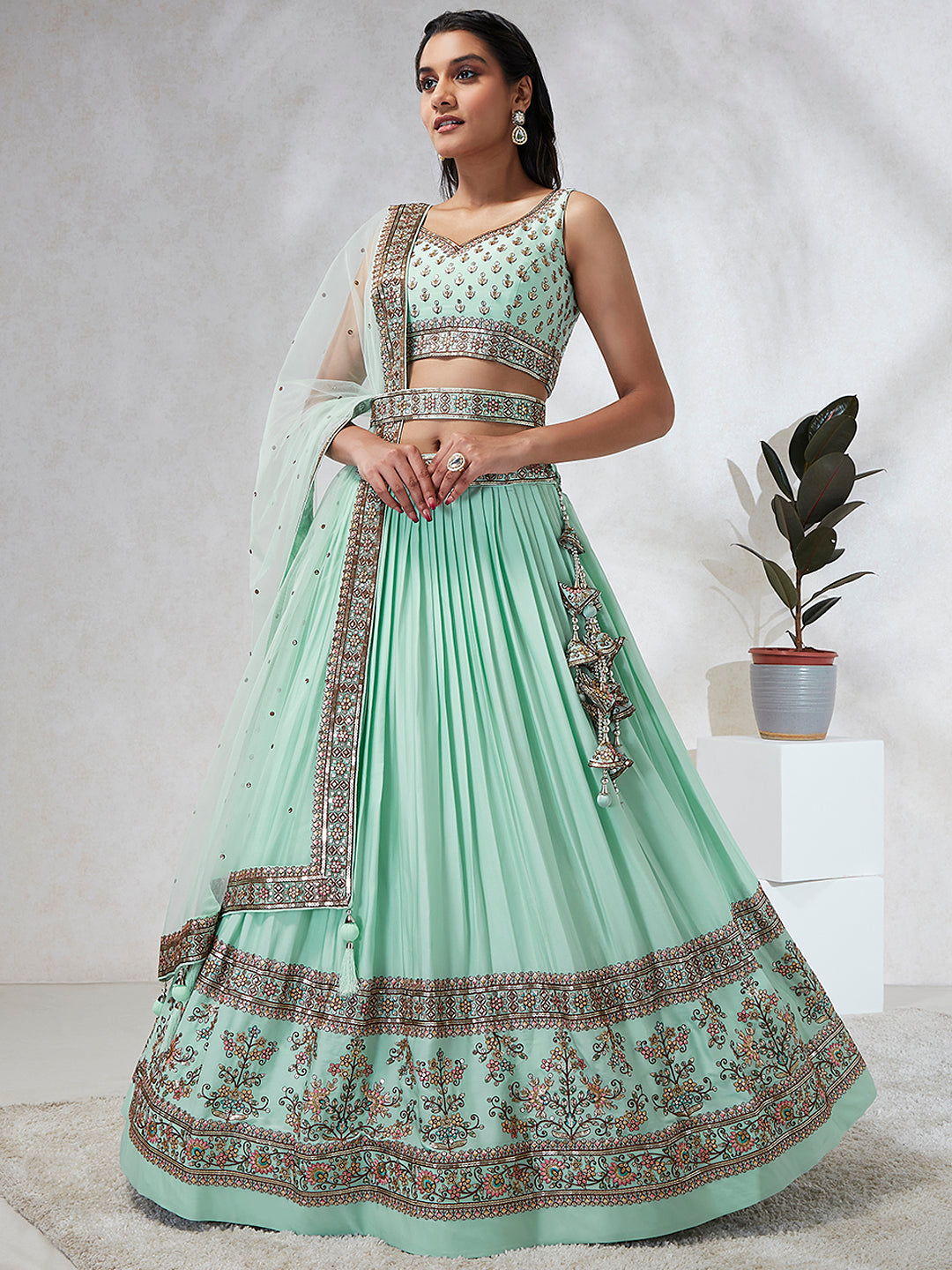 House of Panchhi Burgundy Pure Georgette Sequins And Thread Embroidery Lehenga Choli & Dupatta
