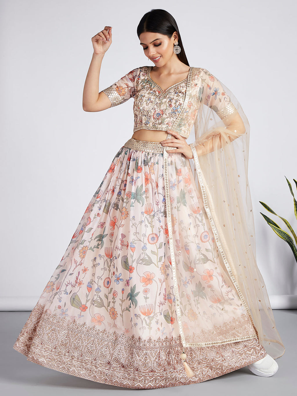 House of Panchhi Cream Colour Organza Floral Design Digital Print Lehenga Choli & Dupatta
