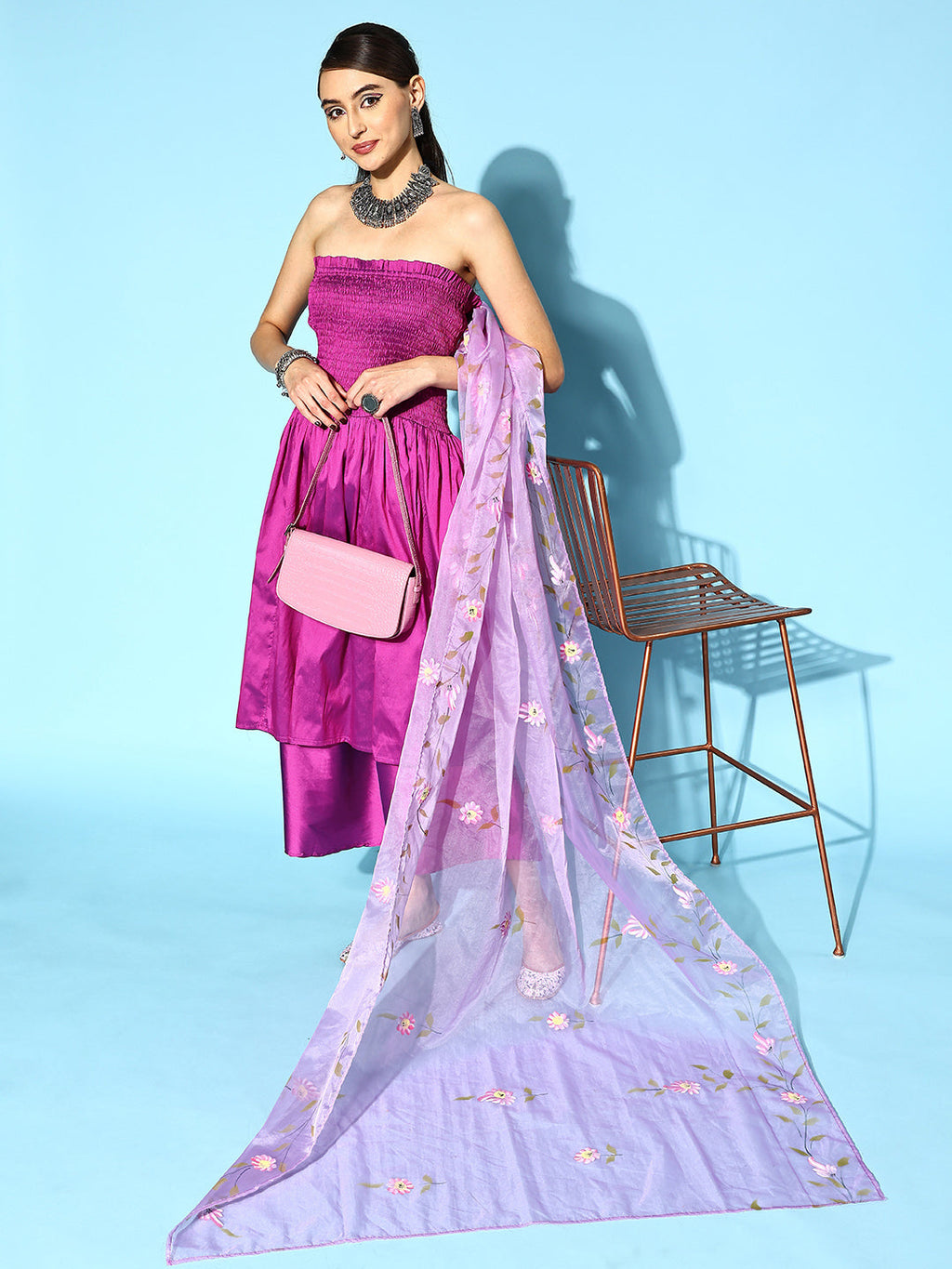 InWeave Purple Off Shoulder Silk Kurta Set -Mauve Hand Painted Dupatta